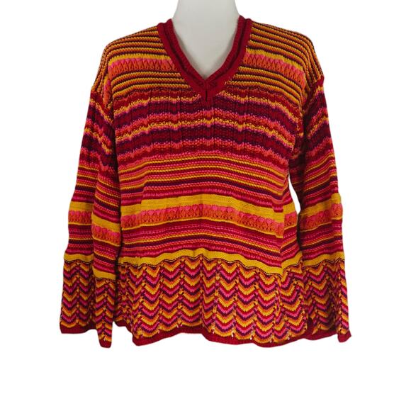 EUC The Pioneer Woman Textured V-Neck Sz. L [12-14] Rose Jacquard Stripe Fuchsia - Picture 2 of 8